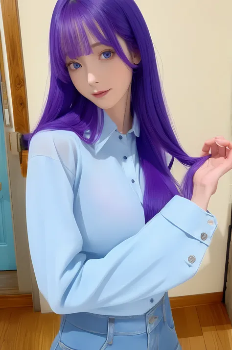 1girl, long purple hair, blue and red eyes, wearing white shirt, denim , city, absurdres, high res, ultrasharp, 8K, masterpiece, looking at viewer , beautiful cute face