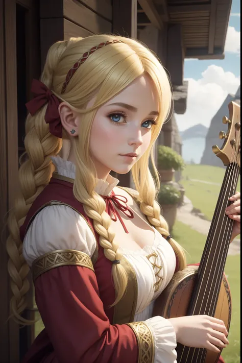 young pretty halfelf woman bard, round ears, medieval fantasy style, detailed, with lute, blonde-red pigtails, shy