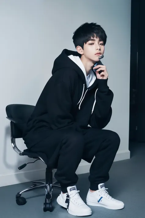 a boy wearing school uniform with hoodie, playing mobile game, headphone on neck,  hyperrealistic, full body, converse shoes, si...