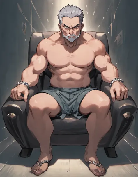 Uncle Shandong, China，male people，he is about 50 years old，Rough and handsome looks，musculature，Oversized muscles，Oversized pectoral muscles，Bare topless，Bare topless，Big waist round，Chest hair，Lay on a beach chair，cyberpunk backgrouns，underwear，Black sock...