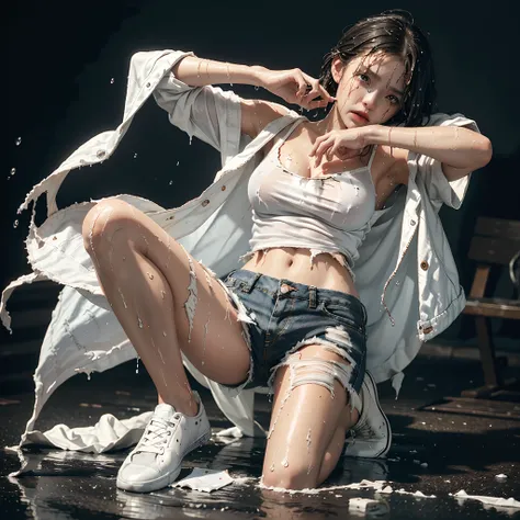 best image quality, masterpiece, super high resolution, (fidelity:1.4), photo, 1 girl, white shirt, torn jeans, white sneakers, dim, darkness, despair, pity, poor, movie, tears, teardrops, (torn clothes:1.5), (wet clothes:1.4), bare shoulders, real rain, w...