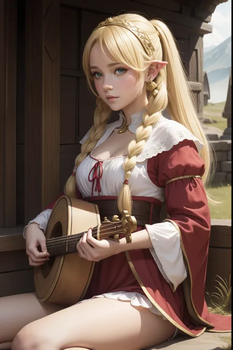 young pretty halfelf woman bard, round ears, medieval fantasy style, detailed, with lute, blonde-red pigtails, shy girl