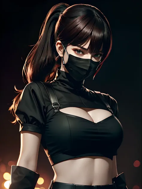 Female Vtuber version of Kaneki, crop top, sexy, busty, large breasts, sfw, kk, best quality, more details, masterpiece, 1 girl kaneki ken, portrait, half close-up,  female focus, green eyes, solo, mask, black nails, bangs, looking at viewer, blurry black ...