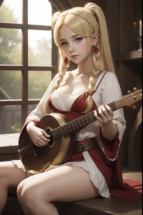 young pretty halfelf woman bard, round ears, medieval fantasy style, detailed, with lute, blonde-red pigtails, shy girl, no clothes