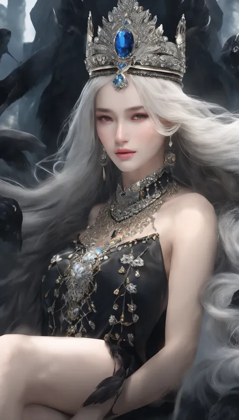 (Highly detailed CG Unity 16k wallpaper:1.1), (Denoising strength: 1.45), (tmasterpiece:1.37), (Beautiful detailed girl), girl with, Solo, Bare shoulders, Flat_nffsw, Diamonds and glaring eyes, beautiful detailed cold face, Very long blue and sliver hair, ...