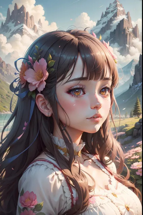 anime girl with flowers in her hair and a mountain in the background, beautiful digital artwork, beautiful digital illustration, beautiful fantasy portrait, stunning digital illustration, beautiful fantasy art portrait, beautiful anime portrait, beautiful ...