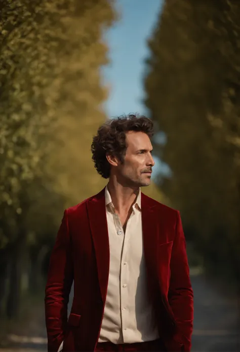 À handsom man in red , Le style de Patrick Demarchelier. Dressed in a red velvet jacket and blue jeans , Grand et en forme, (40 years old:1.3), (shaven:1.2), (short brown curl hair:1.5),(very short hair:1.6). in the style of ethereal beauty, Realistic blue...