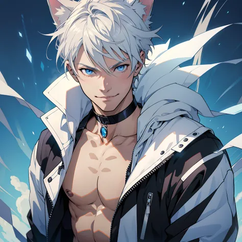 (Masterpiece, 4K resolution), cat ears, 1 boy, (((ANIME))), male focus, solo, smile, blue eyes, white hair, looking at the viewer, half-open jacket, pectoral focus, choker, unzipped jacket, ethereal background, anime face