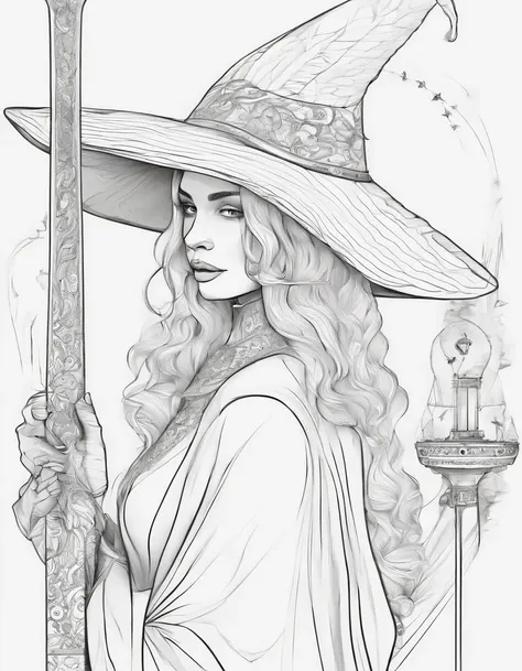 obra-prima, melhor qualidade, 1girl, solo, undo simples, fundo branco, monocromatic, lineart, ((sketchfab)), white hair, white clothes, white witch hat, white eyes, wand, manga