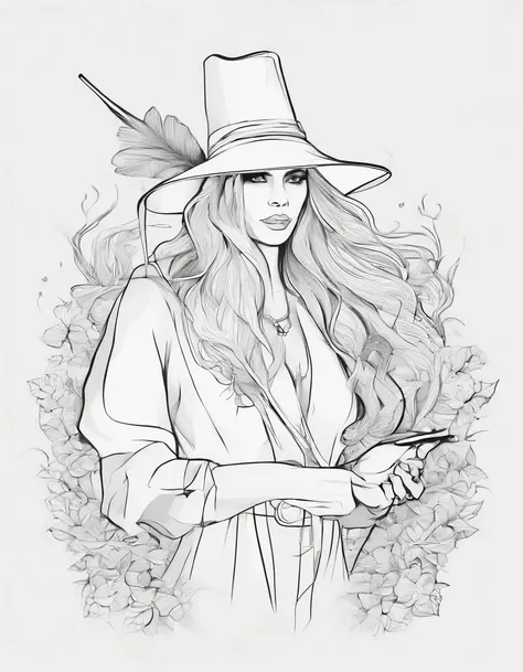 obra-prima, melhor qualidade, 1girl, solo, undo simples, fundo branco, monocromatic, lineart, ((sketchfab)), white hair, white clothes, white witch hat, white eyes, wand, manga