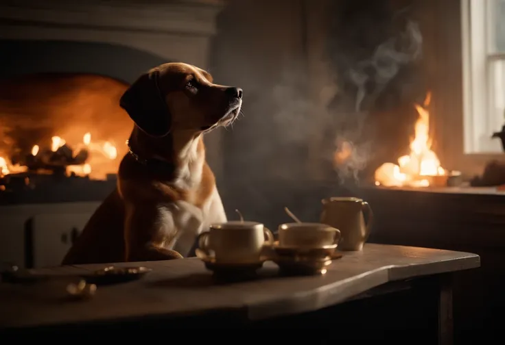 (best quality:1.23), (masterpiece:1.12), (realistic:1.24), (anthropomorphic dog:1.5) holding a coffee cup, sitting, in a robe, eating breakfast and holding a coffee cup, hat, particles, volumetric lighting, room burn down, ground and chair on fire, lots of...