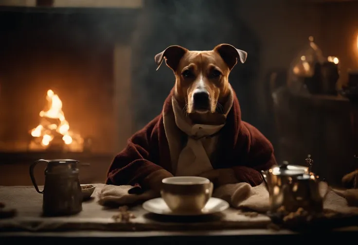 (best quality:1.23), (masterpiece:1.12), (realistic:1.24), (anthropomorphic dog:1.5) holding a coffee cup, sitting, in a robe, eating breakfast and holding a coffee cup, hat, particles, volumetric lighting, room burn down, ground and chair on fire, lots of...