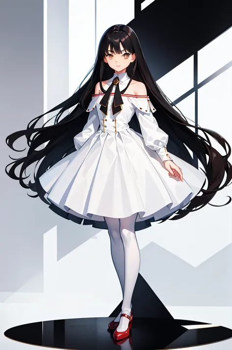 A girl with shoulder-length black hair, Brown eyes，Excellent figure，wearing a white skirt，white stockings，Red shoes，standing on your feet