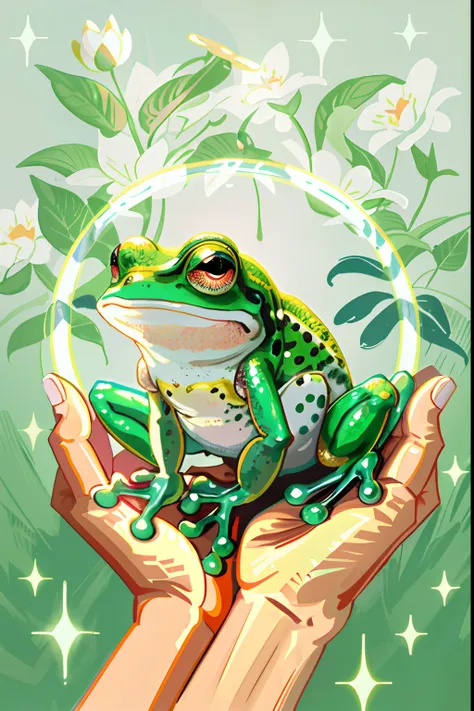 there is a frog sitting on 2 hands with a round light and floral ornament around it, with a cute toad, frog perspective, frog, psychedelic frog, full color illustration, portrait of a frog, procreate illustration, frog themed, digital painting, full color ...