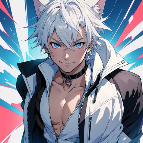 (Masterpiece, 4K resolution), cat ears, 1 boy, (((ANIME))), male focus, solo, smile, blue eyes, white hair, looking at the viewer, half-open jacket, pectoral focus, choker, unzipped jacket, ethereal background, anime face