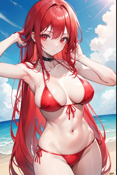 tall anime girl, mature, tied-up long red hair, beautiful crimson-red eyes, fair skin, in a red bikini at the beach, looking at viewer, good anatomy, 8k, high resolution