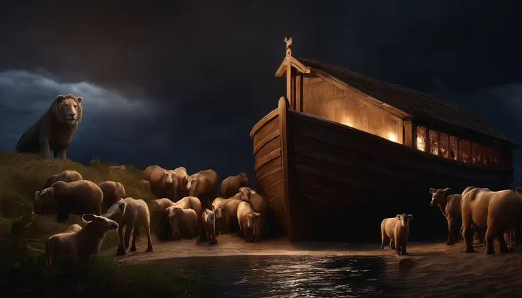 closeup on Noah next to the ark, Dark sky and many animals around the ark, ultrarrealista |