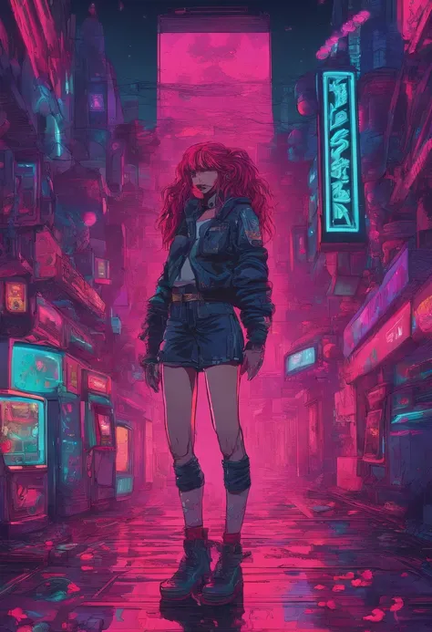 (best quality,4k,8k,highres,masterpiece:1.2),ultra-detailed,(realistic,photorealistic,photo-realistic:1.37),cyberfloral punk woman full-length,rendering 16k,illustration,neon pink hair,glowing cyberpunk tattoos,highly detailed face,expressive eyes,edgy fas...