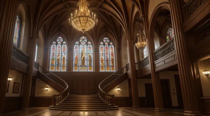 (8k, RAW photo, photorealistic, high quality, amazing details) main lobby of a large platium, with spiral stairs that descend down the sides, beautiful stained glass windows in the windows, large shining chandelier hanging in the center of the ceiling, fai...