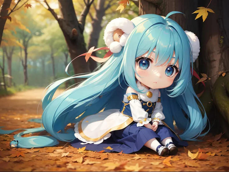 Chibichara　long hair with blue hair((Chibi Chara))、Fluffy、girl with、Chibi Chara、full body Esbian、Pastel colors hair、masutepiece、top-quality、In the forest of autumn leaves、There are also cute bears。