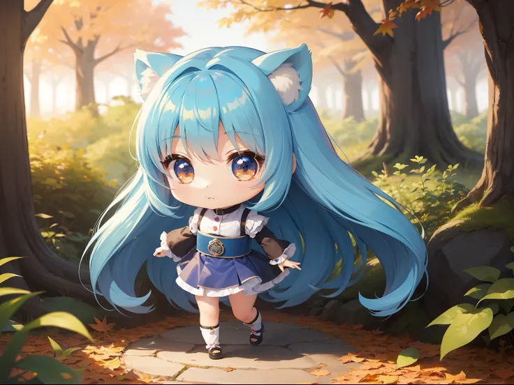 Chibichara　long hair with blue hair((Chibi Chara))、Fluffy、girl with、Chibi Chara、full body Esbian、Pastel colors hair、masutepiece、top-quality、In the forest of autumn leaves、There are also cute bears。