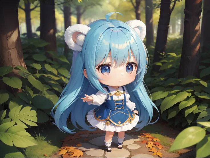 Chibichara　long hair with blue hair((Chibi Chara))、Fluffy、girl with、Chibi Chara、full body Esbian、Pastel colors hair、masutepiece、top-quality、In the forest of autumn leaves、There are also cute bears。