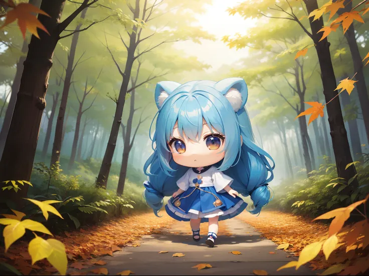 Chibichara　long hair with blue hair((Chibi Chara))、Fluffy、girl with、Chibi Chara、full body Esbian、Pastel colors hair、masutepiece、top-quality、In the forest of autumn leaves、There are also cute bears。