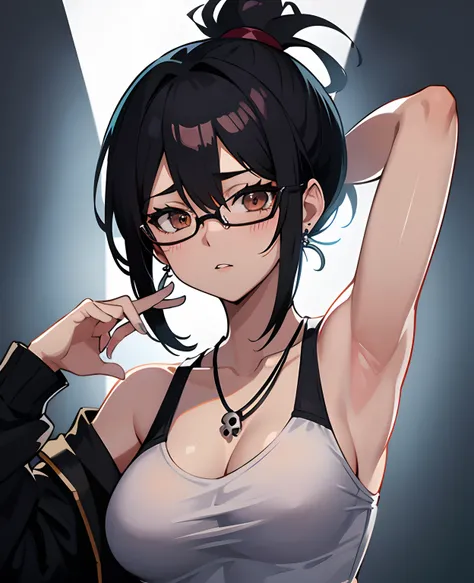 teenage, anime girl, glasses, black hair,bangs, underwears, short hair, skull earrings, black skull beanie, open clothes, ponytail, medium layer hair, large breasts, high quality, armpits, looking at viewer, black background, heart necklace, medium shot