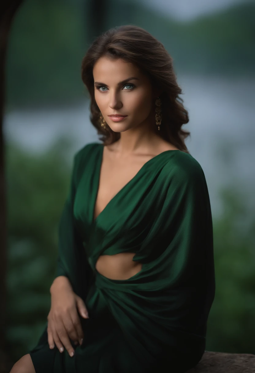 Erstellen Sie ein fotorealistisches Video, A realistic full-size photo of a 25-year-old girl, wearing a black dress with a deep V-neck, big round breasts, braunes Haar im Wind, green eyes, (1girls), (extrem detailliertes CG-Einheits-8k-Hintergrundbild), Fo...