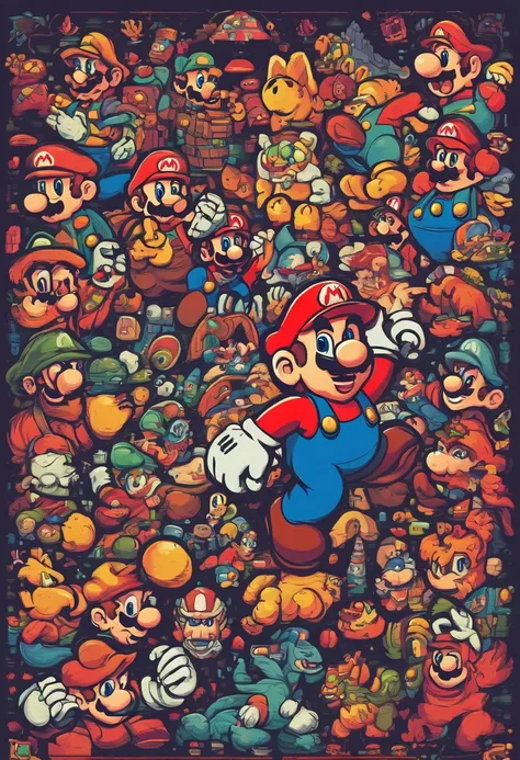 cartoon cute super mario, retro style, vibrant colors, soft shadows, detailed characters, pixel art, nostalgic vibes, vintage feel