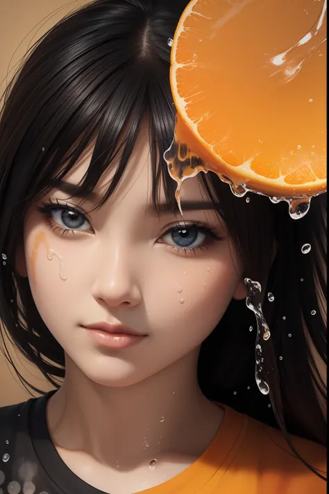 T-shirt design of a close-up womans face with orange juice, in the style of Kawacy, oil painting, water drops, splash art, Mysterious