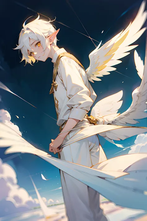 1 boy, Yellow eyes, white colored hair, Pastel colors, elf ears, nimbus, wings, white clothing, angel, young boy