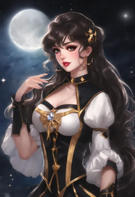 sailor moon, realistic, 1girl, (magical girl:1.4), long dark brown hair, (gold opal eyes), (crystals, shimmer bokeh), (gothic:1.4)style sailor scout uniform, (big breasts:1.25), cleavage, wide hips, small waist, tan skin, collarbone, parted lips, makeup, b...