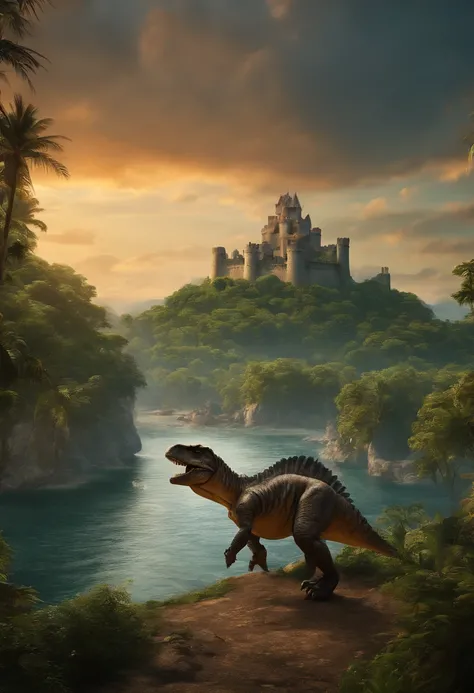 (best quality,4k,highres,masterpiece:1.2),ultra-detailed,(realistic,photorealistic:1.37),stunning natural scenery,castle in the distance,vibrant sky,lush forest,endless ocean,dominating Tyrannosaurus rex,flying tiger with wings,warm color palette