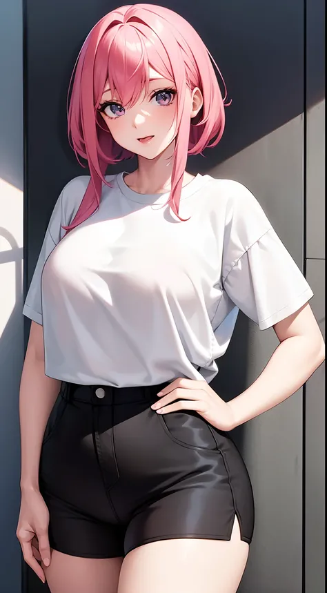 ((Best quality)), anime girl with pink hair and a white shirt and black shorts