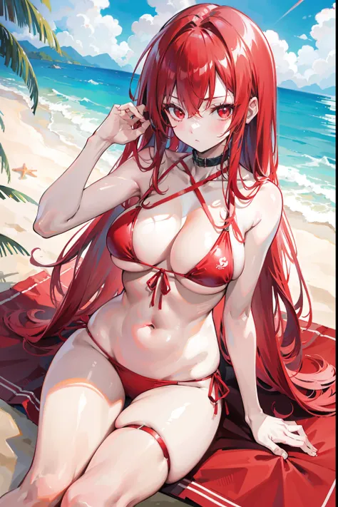 tall anime girl, mature, long red hair that is tied up, beautiful crimson-red eyes, fair skin, in a red bikini, sitting down on the sand at the beach, looking at viewer, good anatomy, 8k, high resolution