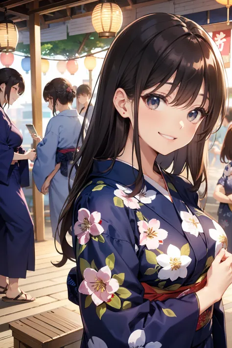 top-quality、Full limbs、complete fingers、Slender beauty、straight haired、Brown hair、Longhaire、(navy blue yukata:1.3)、Yukata with floral pattern、Summer Festivals、It is crowded with many people、Food stalls are lined up、Beautiful Large Breasts、A big smile、Have ...