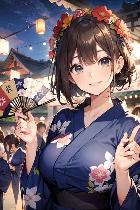 top-quality、Full limbs、complete fingers、Slender beauty、straight haired、Brown hair、Longhaire、(navy blue yukata:1.3)、Floral yukata、Summer Festivals、It is crowded with many people、Lined with food stalls、Beautiful Large Breasts、A big smile、Have a fan、sexypose、...