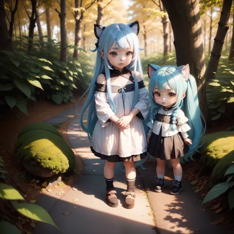 Chibichara　long hair with blue hair((Chibi Chara))、Fluffy、girl with、Chibi Chara、full body Esbian、Pastel colors hair、masutepiece、top-quality、In the forest of autumn leaves