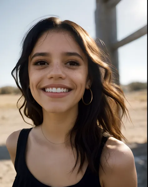 mid shot portrait of jortega looking at viewer, playing with hair, wearing black top, laughing, showing armpits colorful (masterpiece, extremely detailed skin, photorealistic, heavy shadow, dramatic and cinematic lighting, key light, fill light)