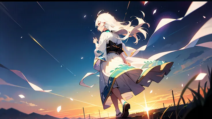 a girl with long white hair in kiso japan is walking down the streets wearing a beautiful white kimono with prints, magical atmosphere, makoto shinkai style, particles flying,