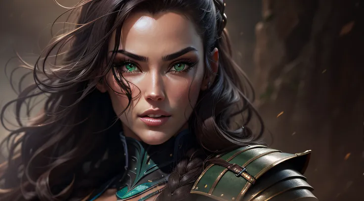 megan gale mature female warrior green eyes leather armor long wavy dark brown hair kitana