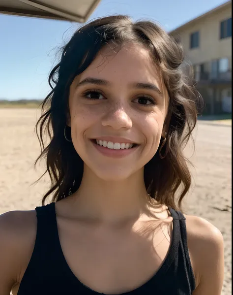 mid shot portrait of jortega looking at viewer, playing with hair, wearing black top, laughing, showing armpits colorful (masterpiece, extremely detailed skin, photorealistic, heavy shadow, dramatic and cinematic lighting, key light, fill light)