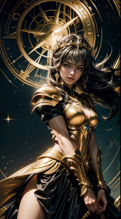 digital illustration like photography  from the "Saint Seiya" universe. The scene features a 1girl Knight of the Zodiac, specifically representing the Virgo She is wearing her Cloth, which is colored in shades of Gold and Black and is designed in a style t...