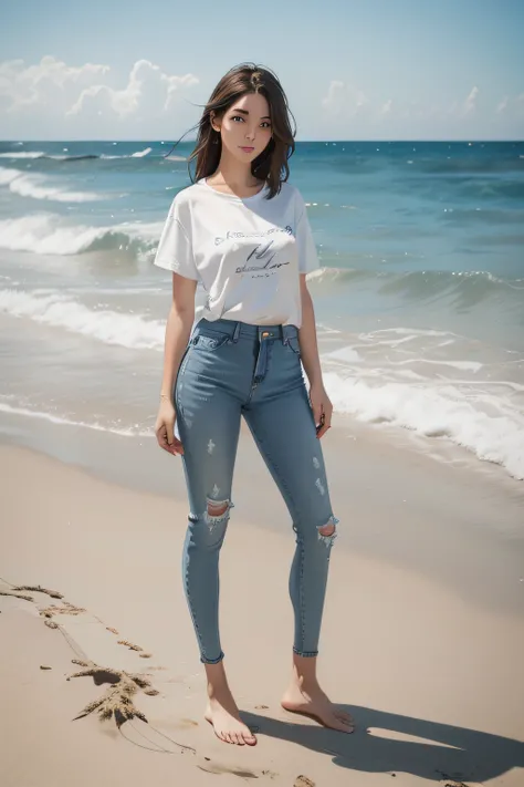 (most realistic, high high quality) I want to beauty(Wear jeans and a white t-shirt), stand on sand，Behind you is the endless sea,