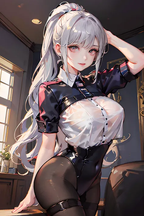 1个Giant Breast Girl！Ray traching，best shadow，A high resolution（dim murky lights）detailedbackground（liveroom）Fluffy silver hair，plump and slender girl，With a high ponytail, avoid golden eyes in the ominous living room（Girl wears a transparent shirt，transpar...