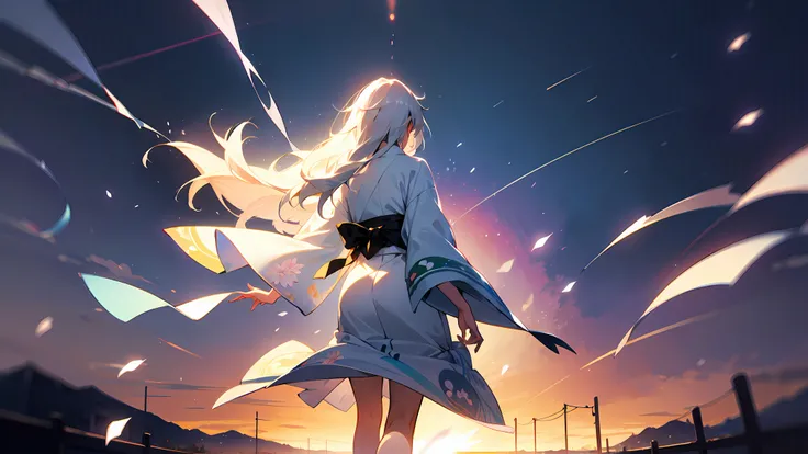 a girl with long white hair in kiso japan is walking down the streets wearing a beautiful white kimono with prints, magical atmosphere, makoto shinkai style, particles flying,