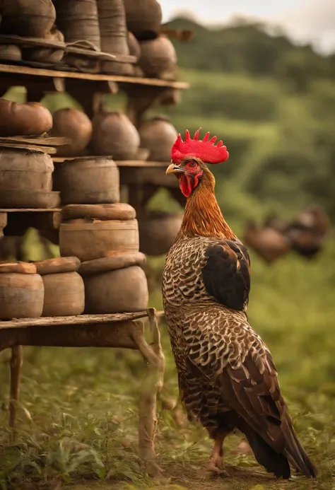 "Create an image that depicts a modern poultry farm, where an indigenous, Dressed in traditional indigenous costumes, esteja presente como um trabalhador ou supervisor. The scene should show the indigenous in a poultry environment, com galinheiros, birds a...