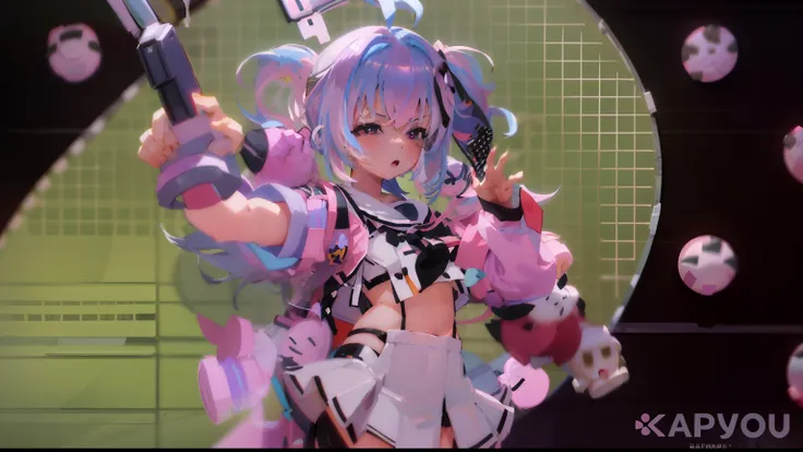 Anime girl with pink hair and black and white costume with pink and white objects, anime styled 3d, small curvy loli, hanayamata, from the azur lane videogame, lolish, Stylized anime, nightcore, 3d anime girl, Lori, Ayaka Genshin Impact, Mikudayo, Style An...