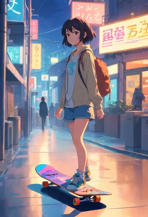 a  girl, 14yo, Owning a skateboard, la noche，orgía，A solas，ciudad，Personalidad cyberpunk，esmog，Moda callejera，auricular，la calle，fuera de casa，neon light，esmog,